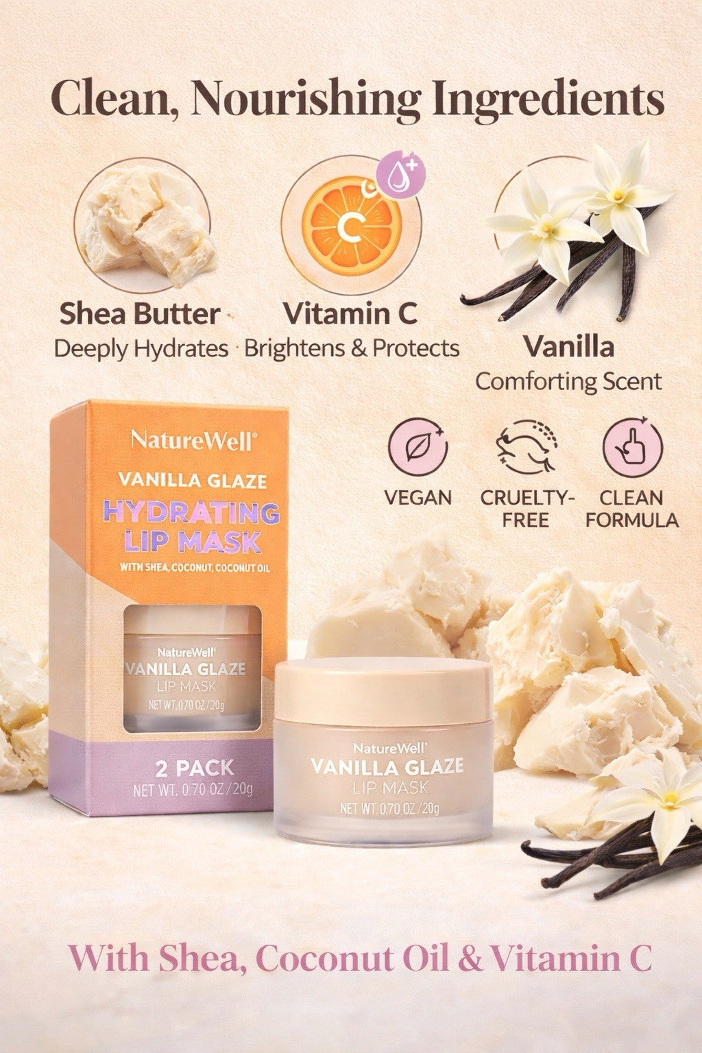 Hydrating Lip Sleeping Mask with Coconut Oil & Vitamin C - 2-Pack