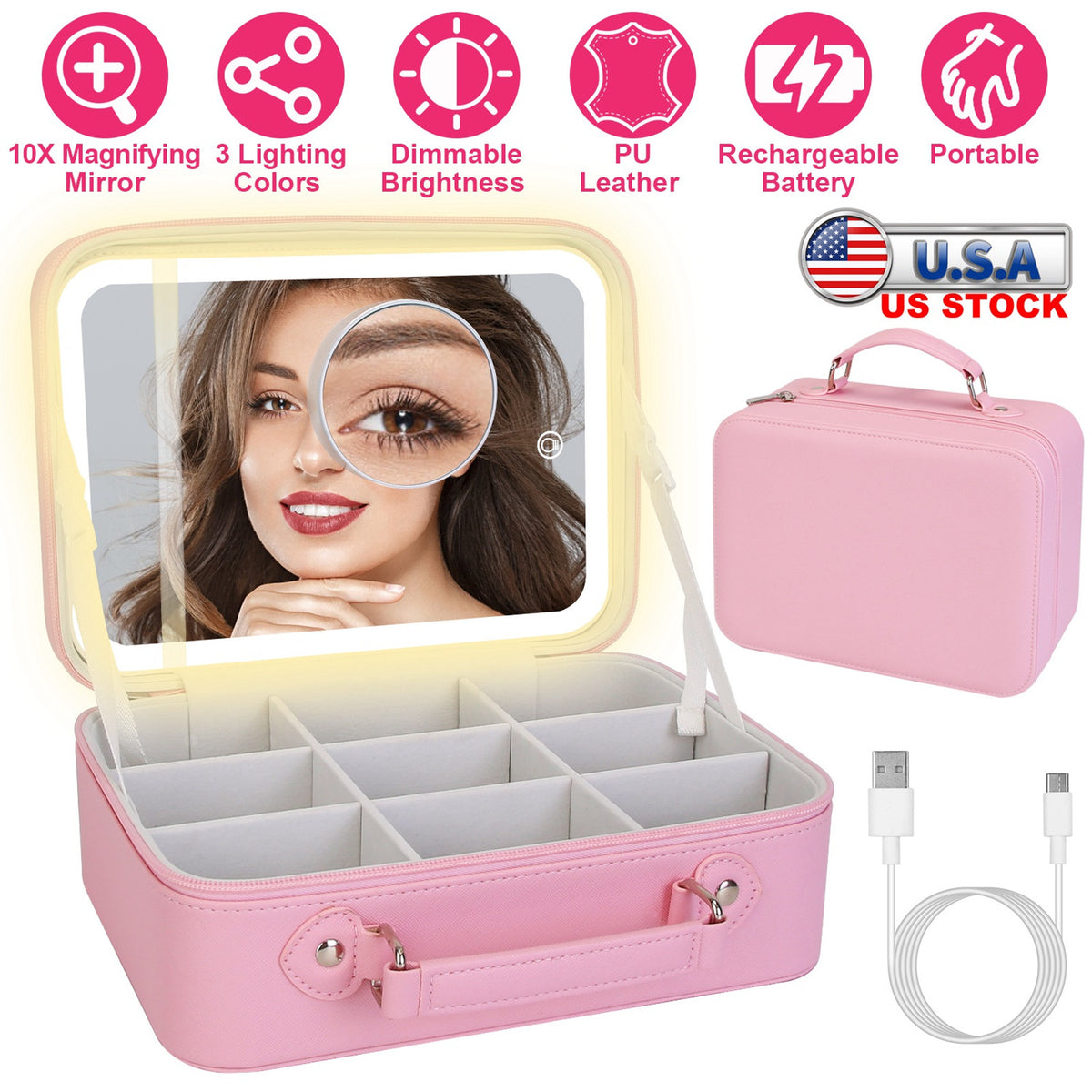 Pink Travel Makeup Bag with LED Lighted Mirror - 3 Brightness Settings