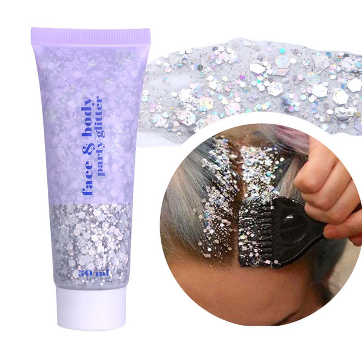 Silver Body Glitter Gel for Face & Hair - Sparkly Makeup, 50ml