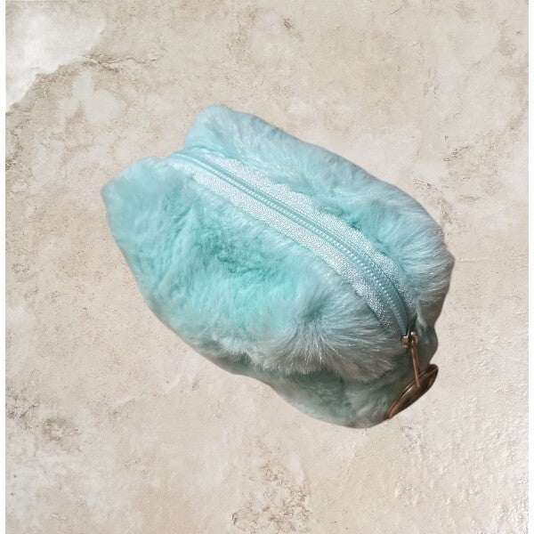 Turquoise Faux Fur Mini Cosmetic Bag with Zipper & Key Ring - 4.5 Inch