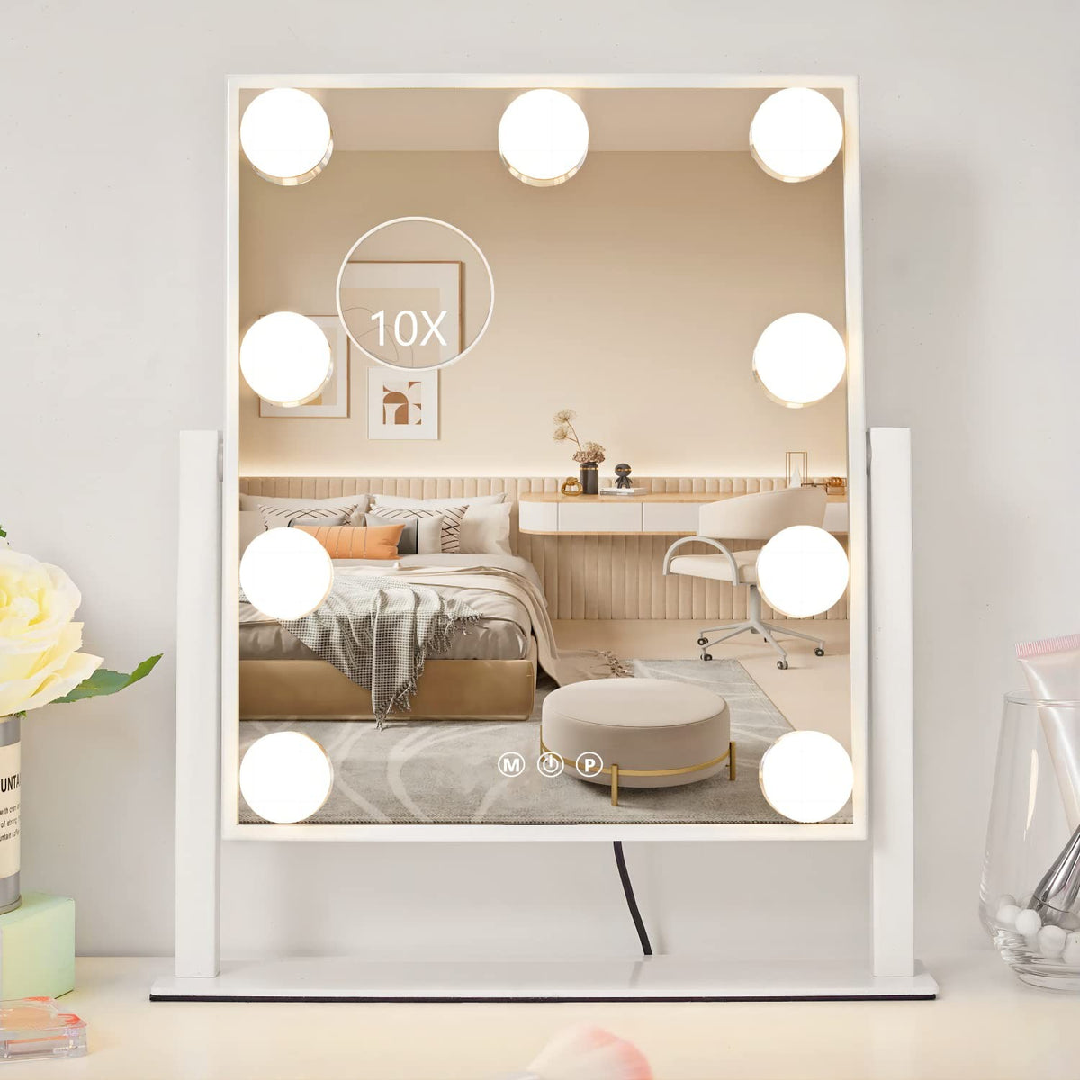 Lighted Makeup Vanity Mirror with Adjustable Brightness & 10X Magnifier - White, 12x14.4 Inches