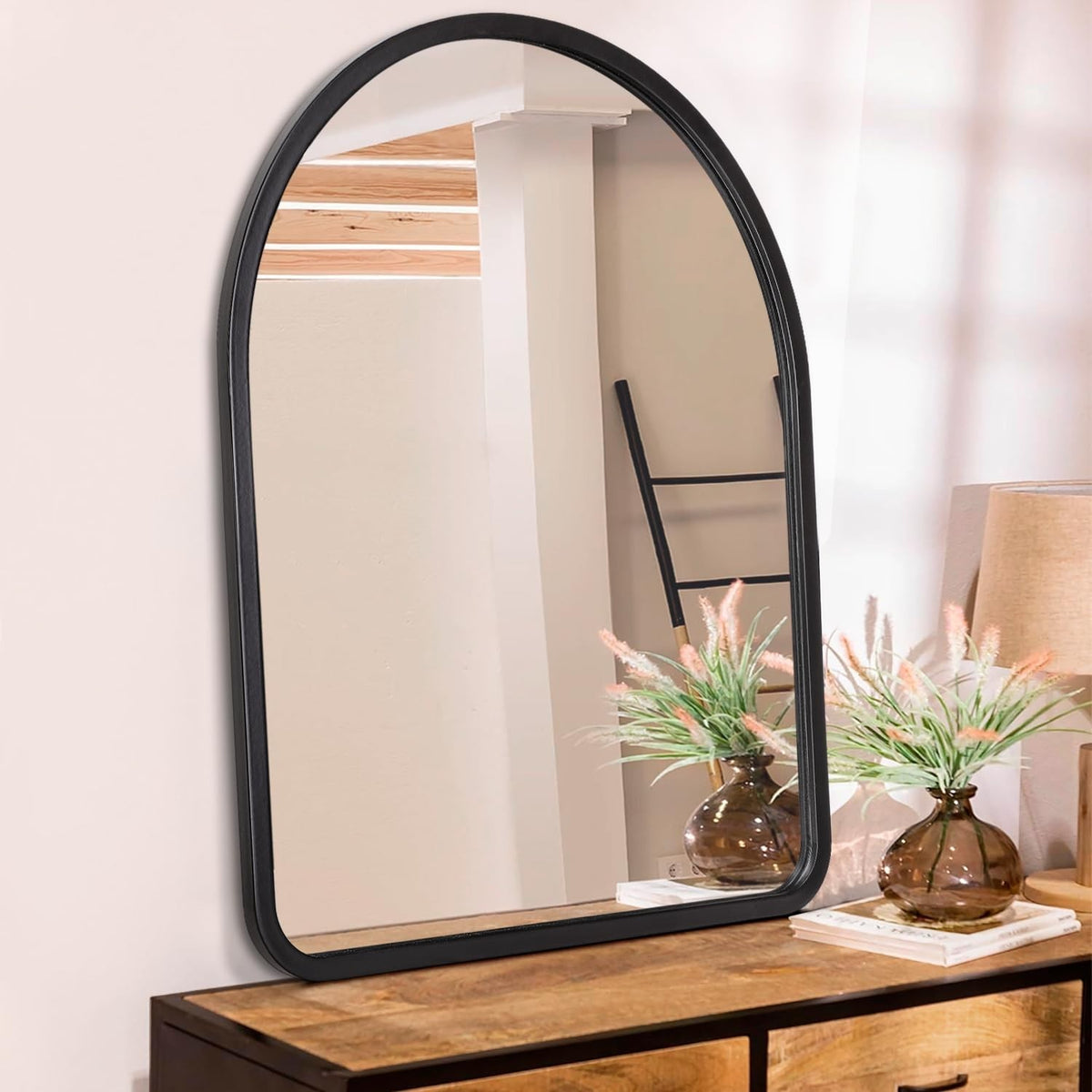 Large Arched Wall Mirror - Vintage Wooden Frame, Rustic Farmhouse Style, 26 x 18 Inches