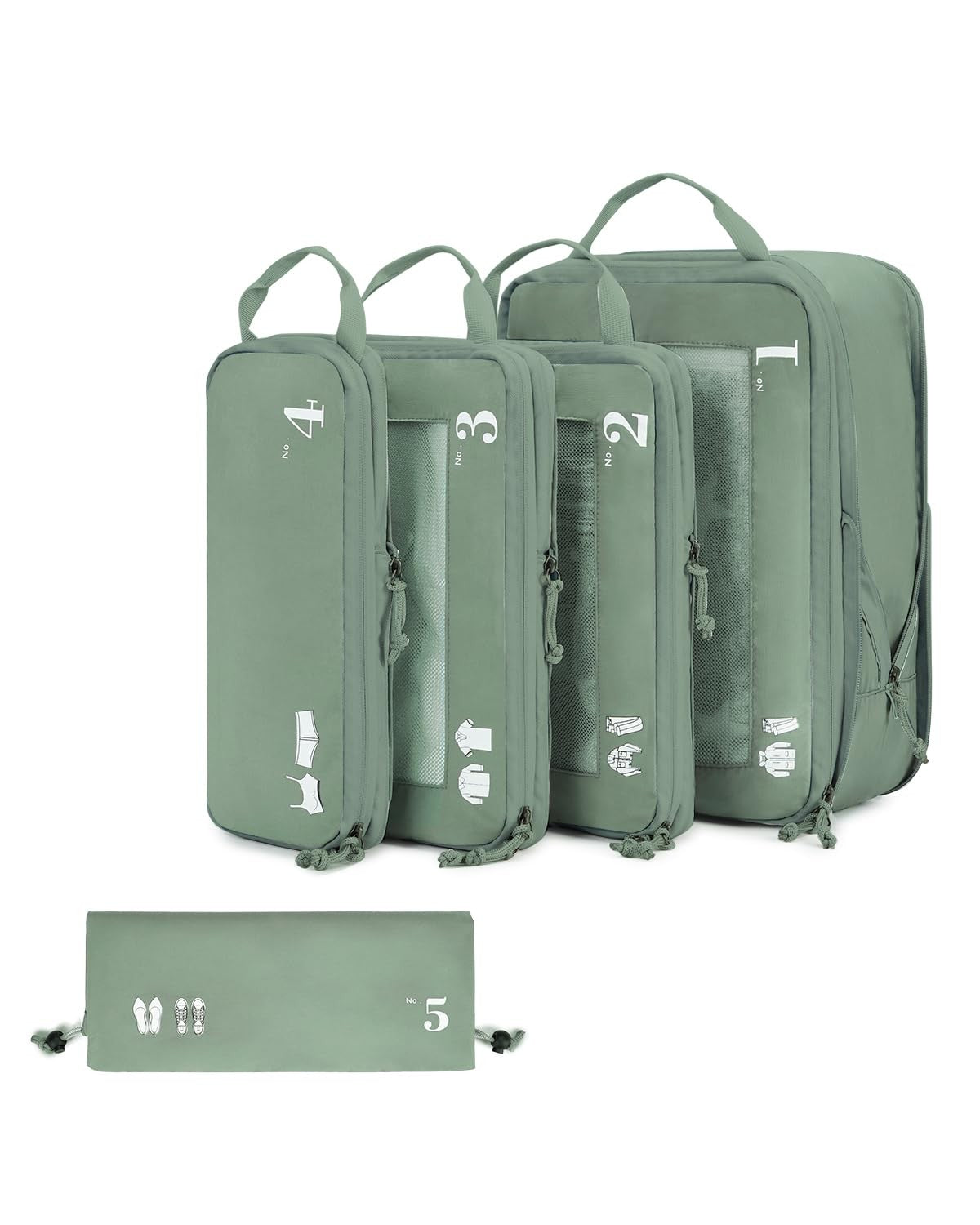 Compression Packing Cubes Set - 5 Organizers for Travel & Storage, Green