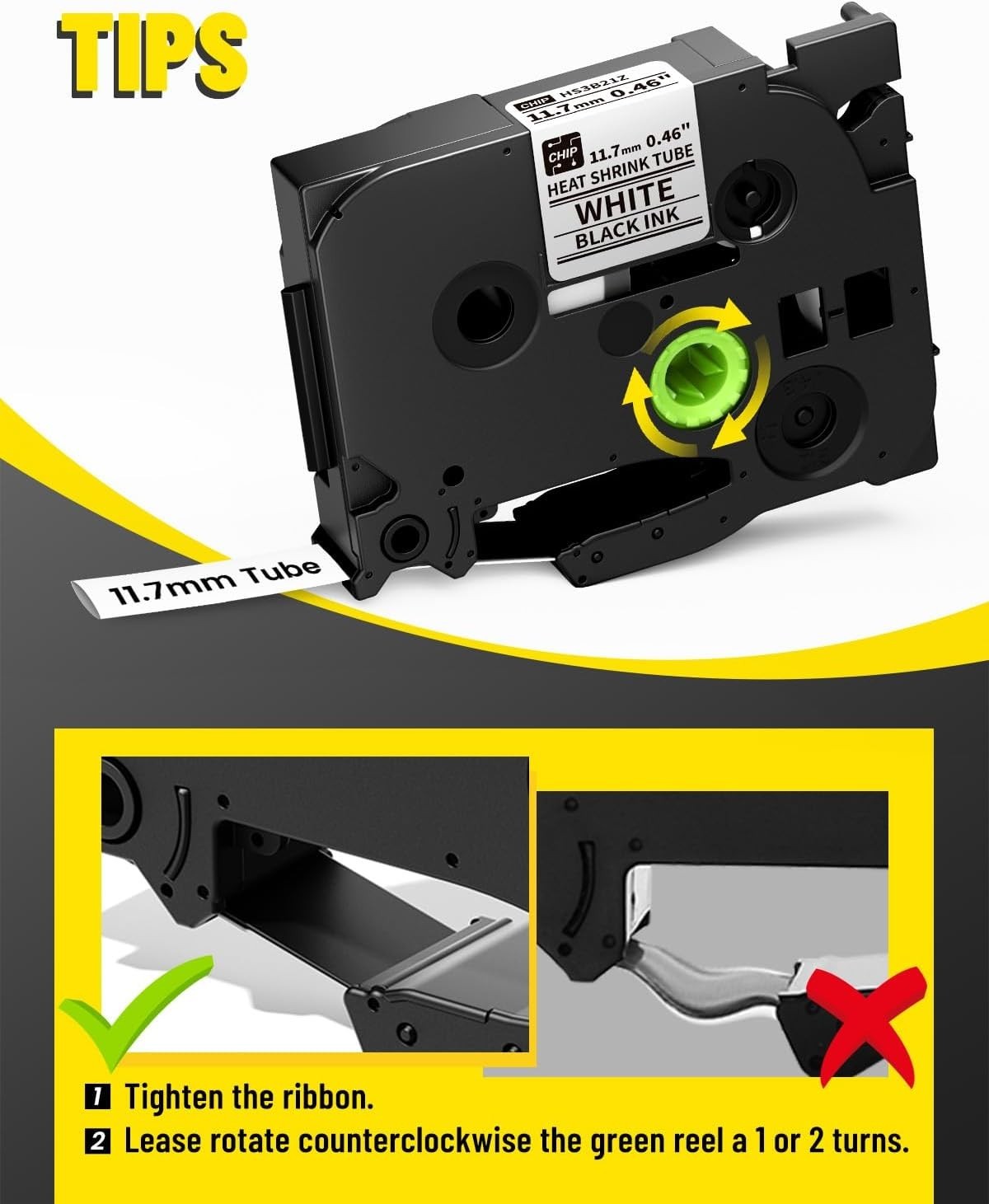 E1000 Heat Shrink Label Tapes 0.46'' (11.7mm) White on Black for PT-E560/HSe-231