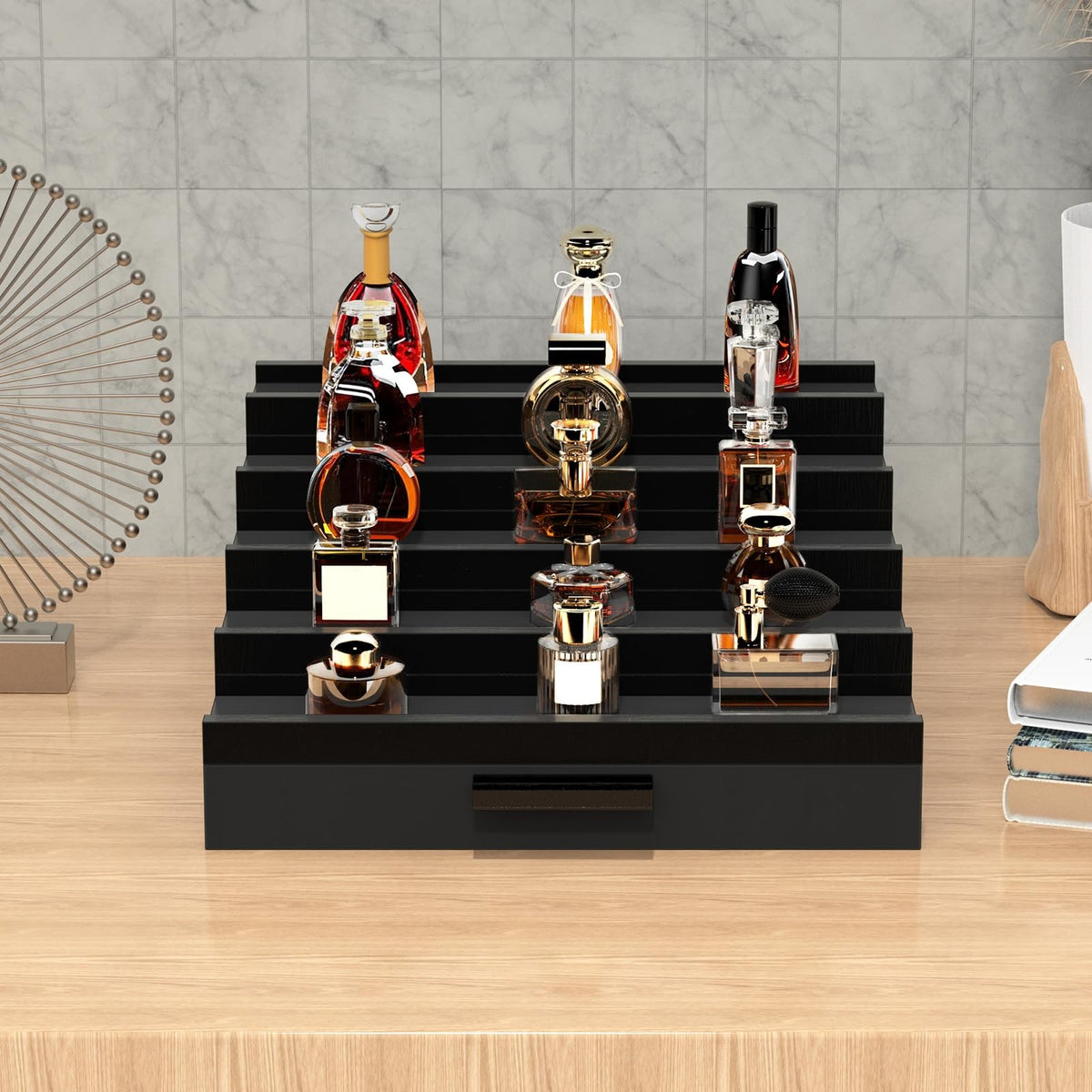 Men's 5-Tier Wooden Cologne Organizer with Hidden Compartments – Black