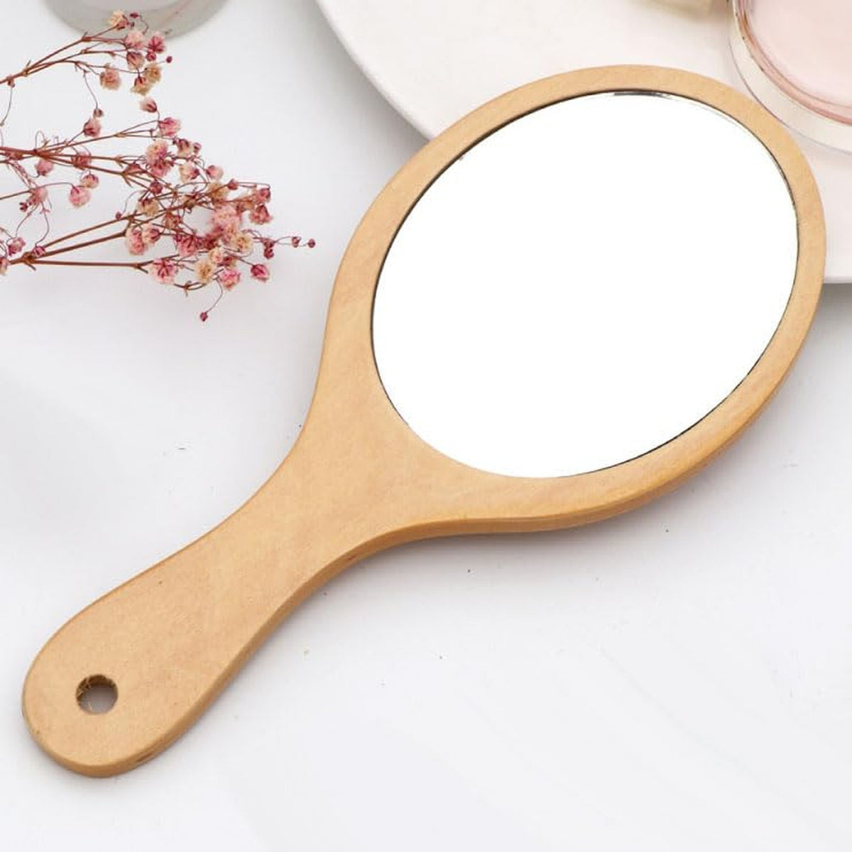 Wooden Handheld Makeup Mirror Oval with Handle - Single Side Vanity Mirror