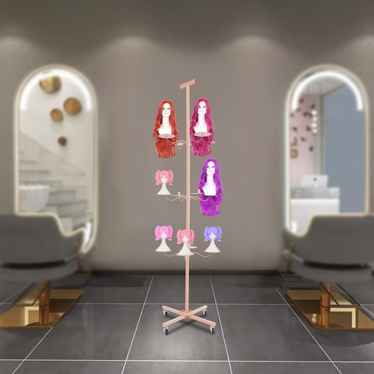 Pink 12-Head Heavy Duty Wig Stand Organizer with Rotating Tiers