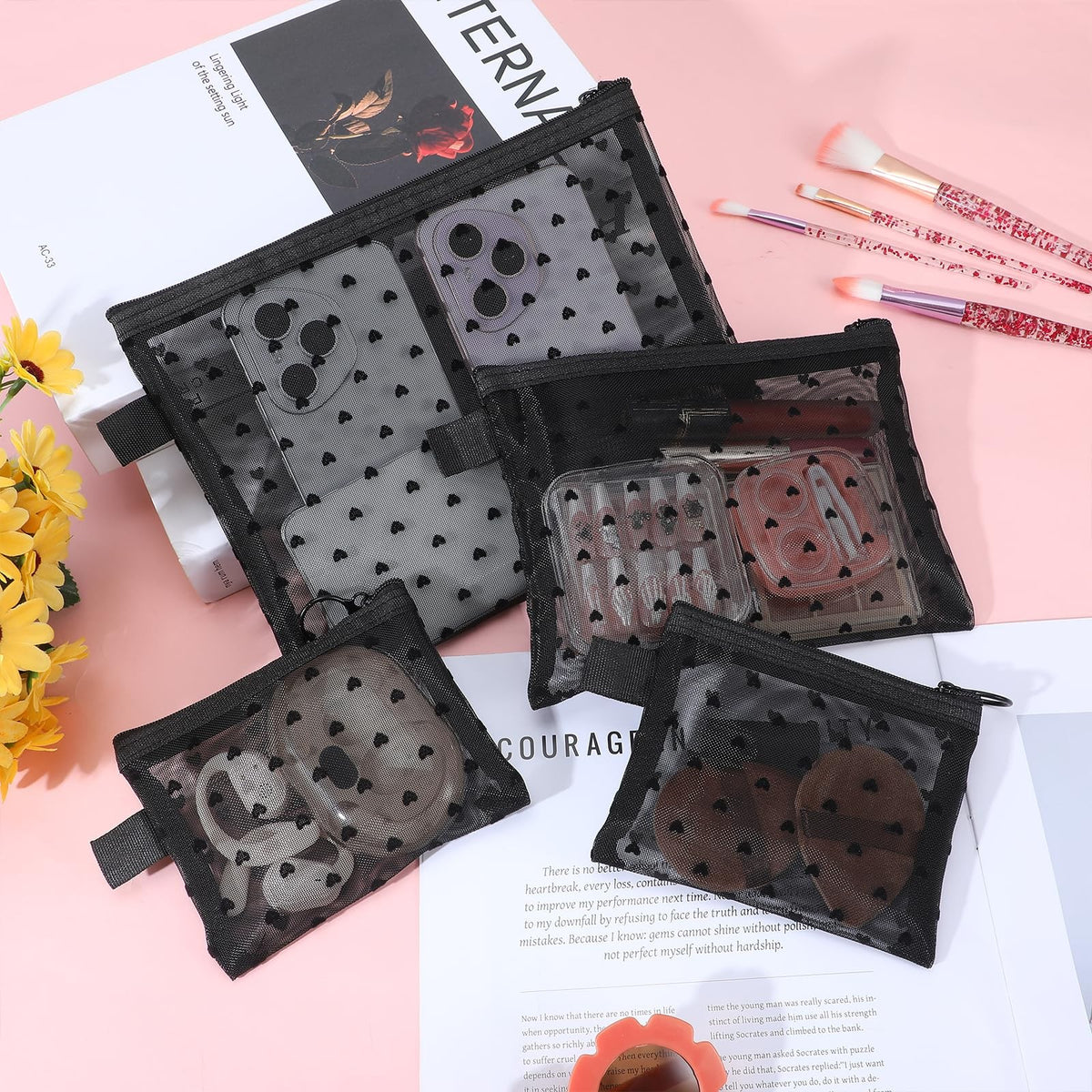 Mini Zipper Mesh Cosmetic Bags Set - Heart Print Purse Organizer, 4 Pack