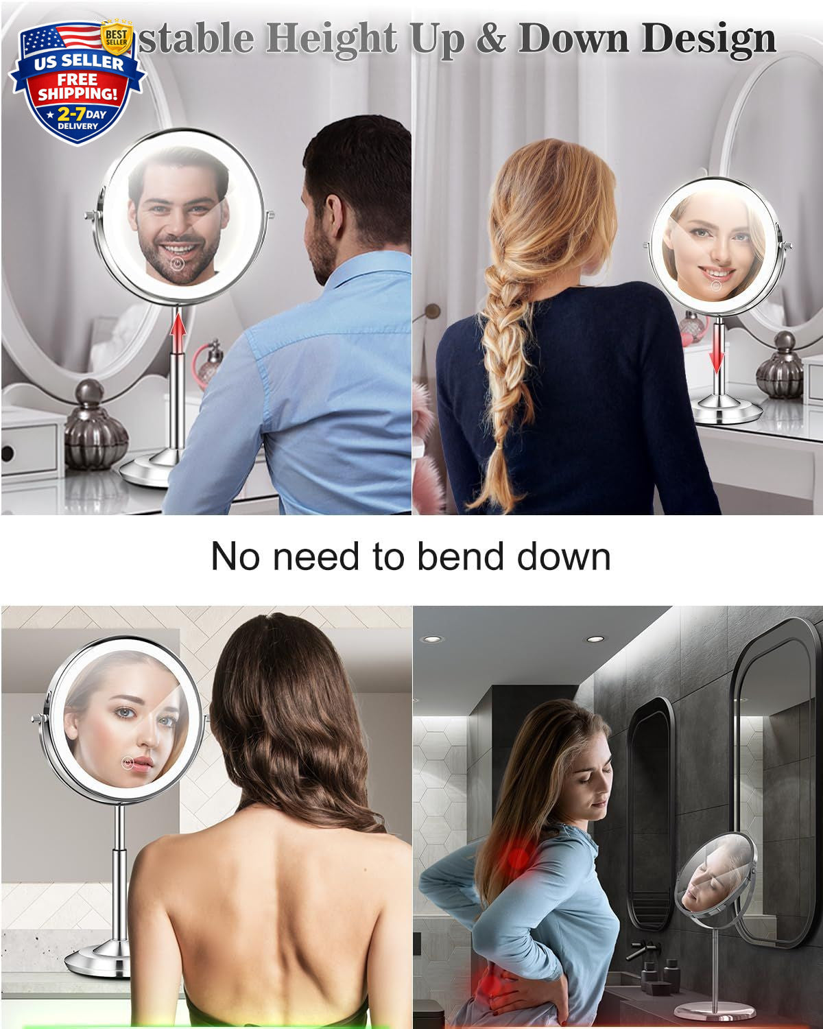 Adjustable Lighted Makeup Mirror with 30X Magnification and Rechargeable LEDs