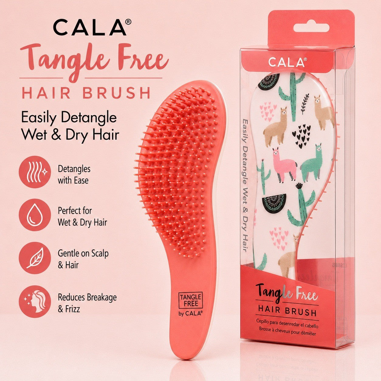 Tangle-Free Hair Brush with Cactus & Llama Print - Wet & Dry Detangler