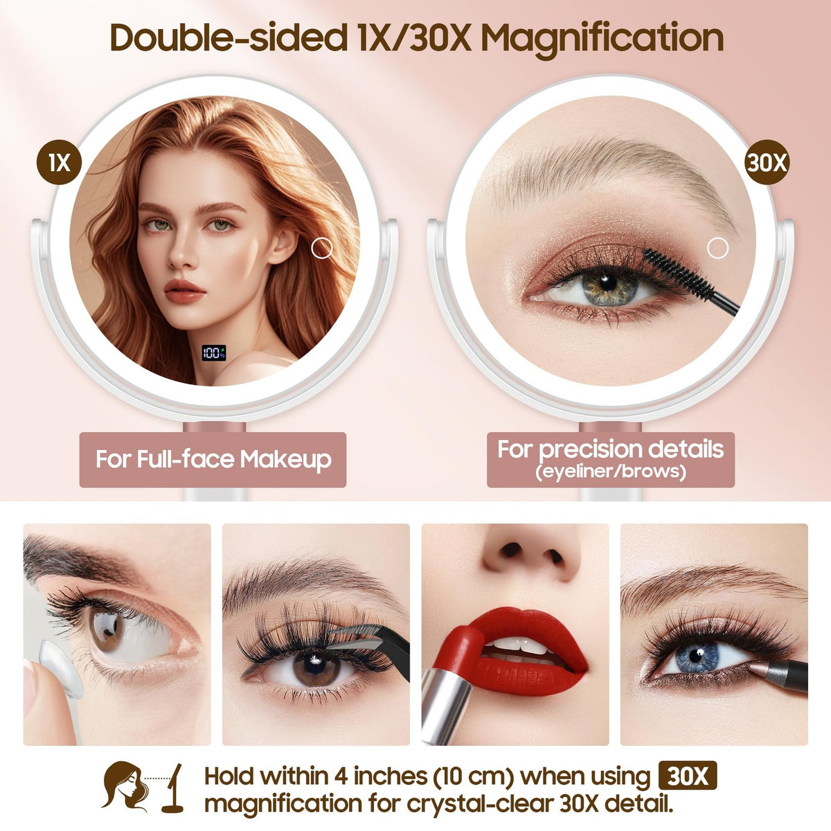 LED Lighted Makeup Magnifying Mirror 30X/1X Dual-Sided Touch Control with Digital Display