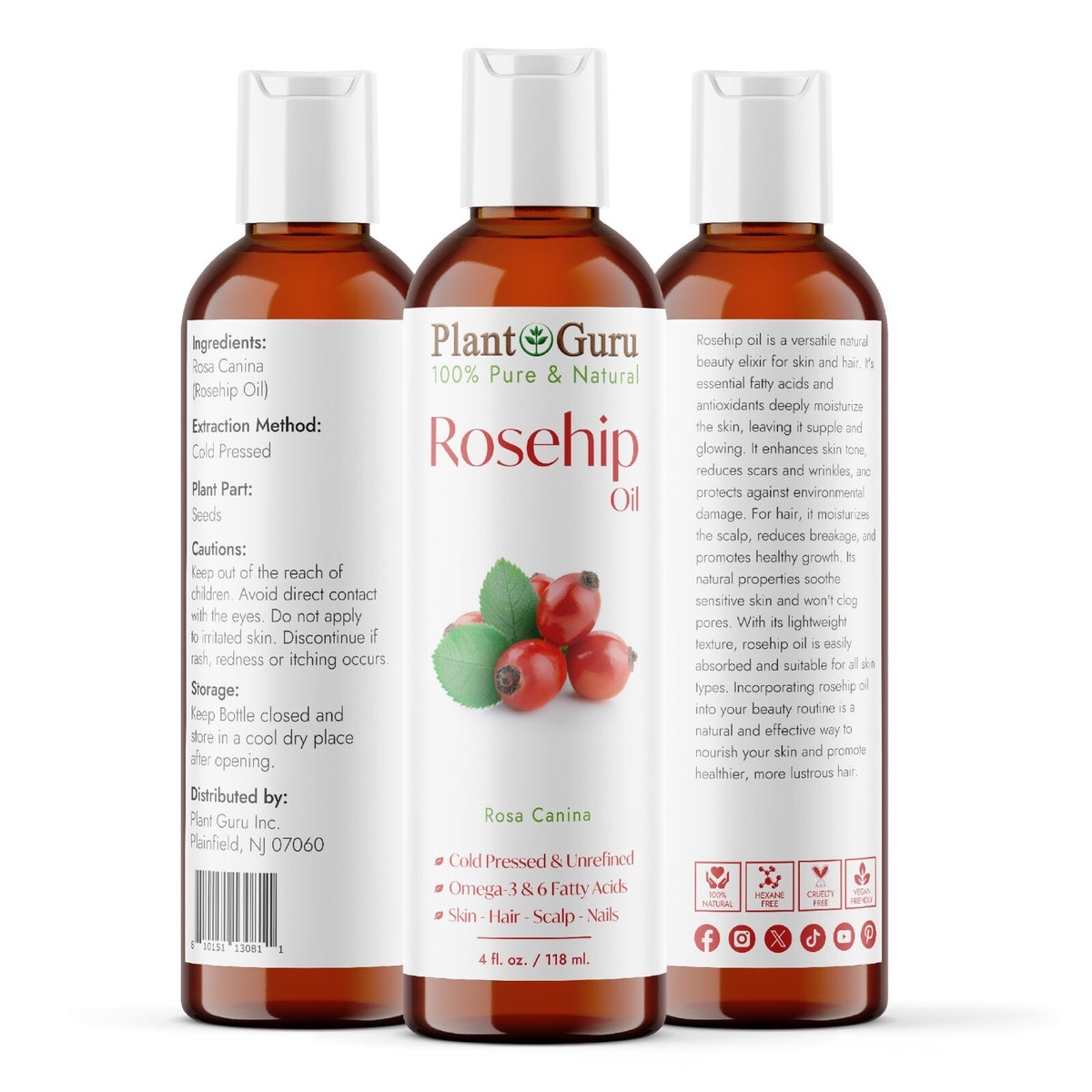 Pure Cold Pressed Rosehip Seed Oil for Skin & Hair - Unrefined Natural Moisturizer