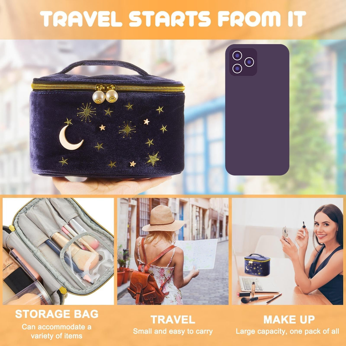 Velvet Starry Makeup Bags Set - Portable Cosmetic Organizer for Travel