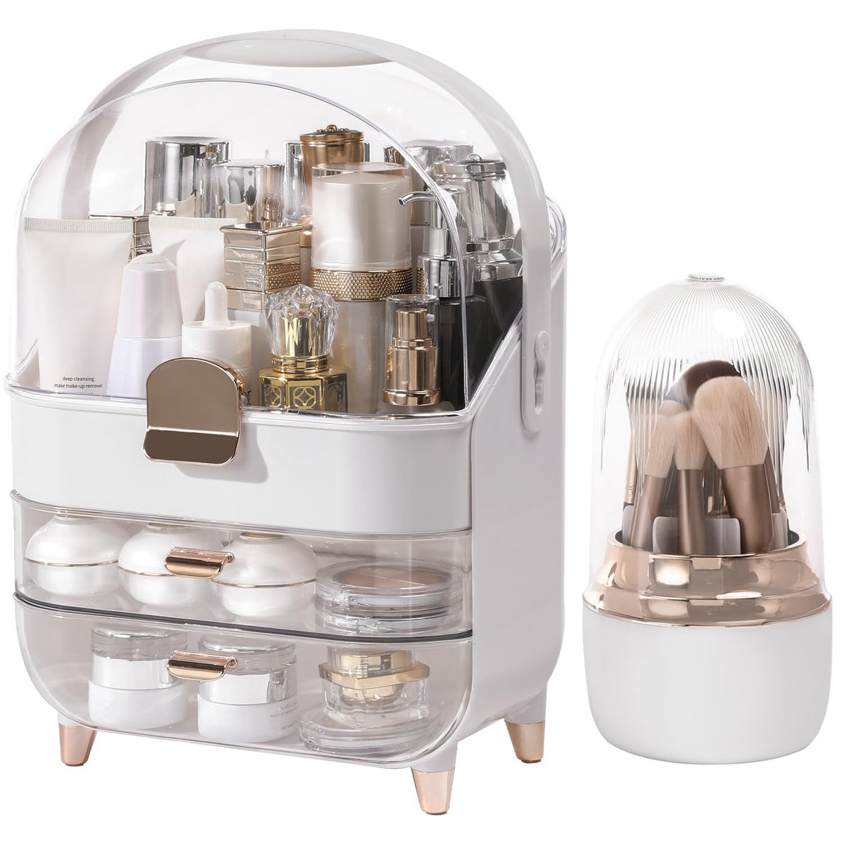 Rose Gold Makeup Organizer with Drawers & Brush Holder for Vanity