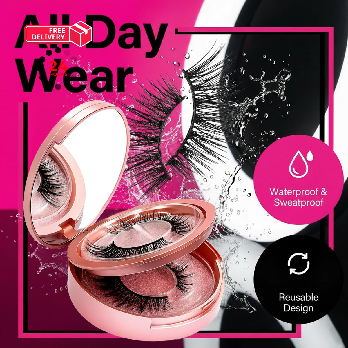 Magnetic Reusable False Eyelashes with Applicator & Case - Pink, 2 Pairs