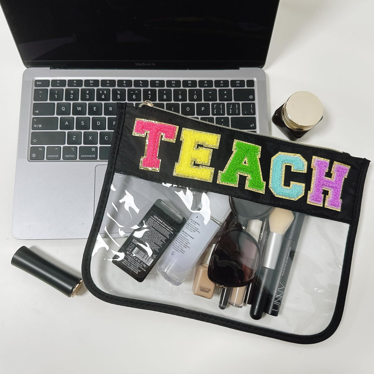 Clear Makeup Pouch with Chenille Letter Patches - Zipper Travel Bag for Women (Teach-Black)