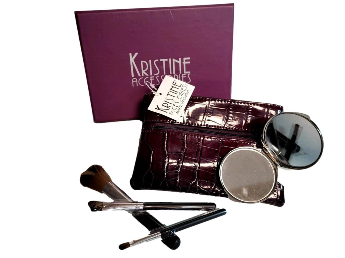 Travel Makeup Brush Set with Compact Mirror in Faux Leather Bag