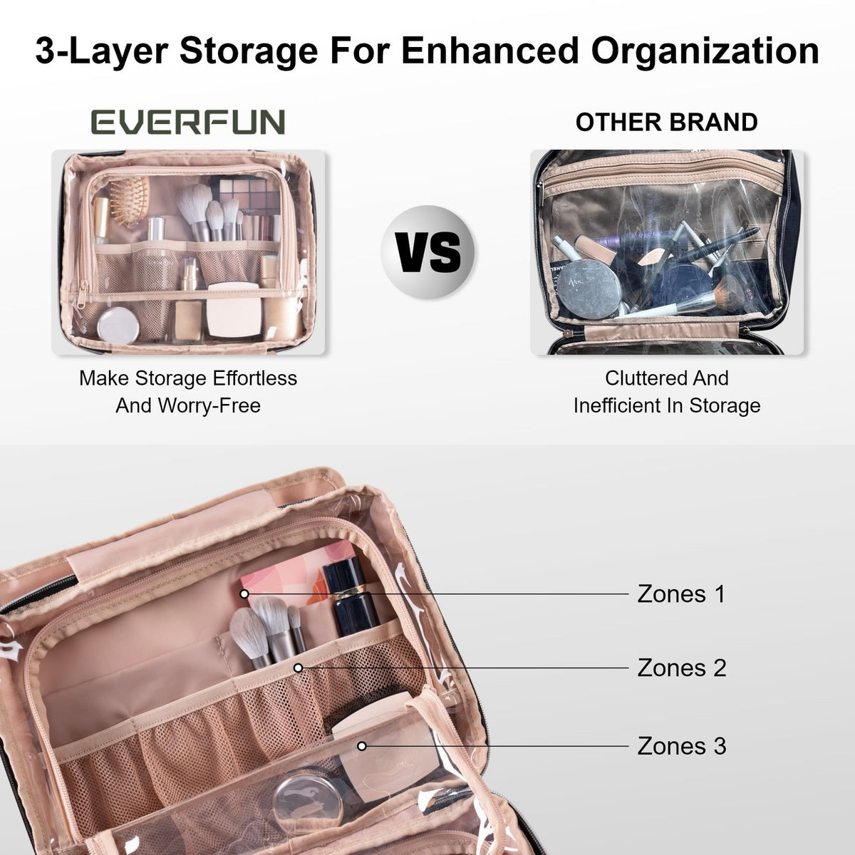 Large Leakproof Travel Toiletry Bag with Hanging Hook - Pink