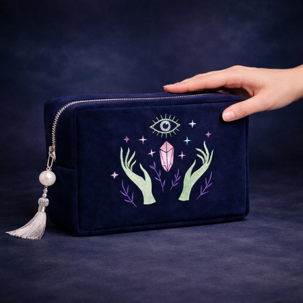 Velvet Tarot Card & Crystal Pouch with Embroidery, Zipper Closure, Gift Idea