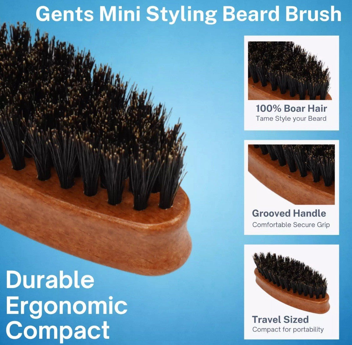 Wood Mini Travel Beard Brush with Boar Bristles and Wooden Handle