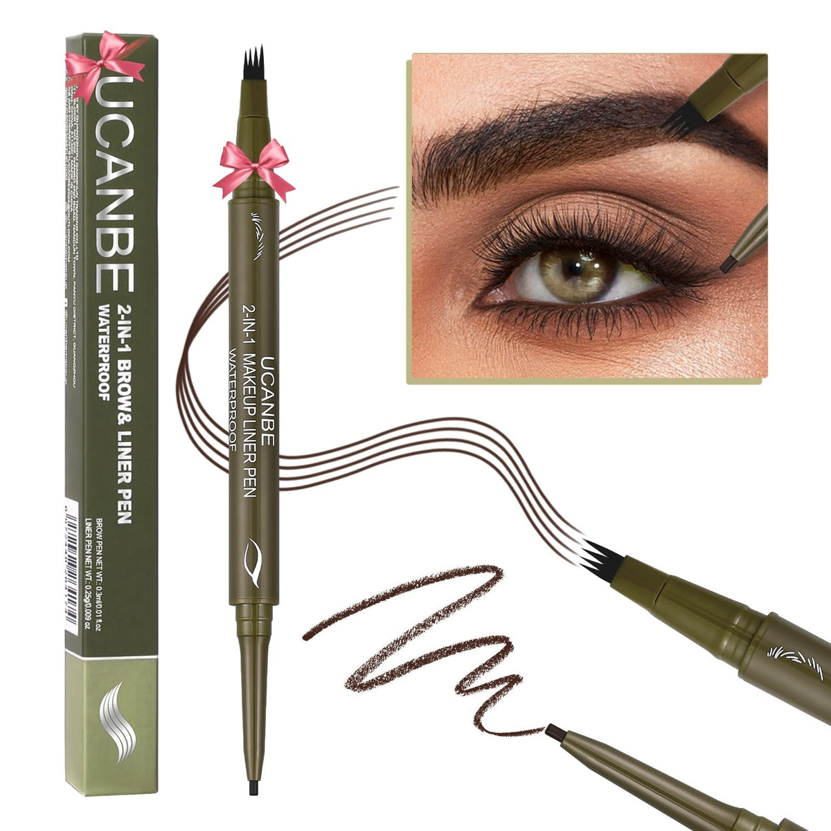 Eyebrow Pen Dual-Ended Micro-Fork Tip & Gel Liner Brown Makeup Tool