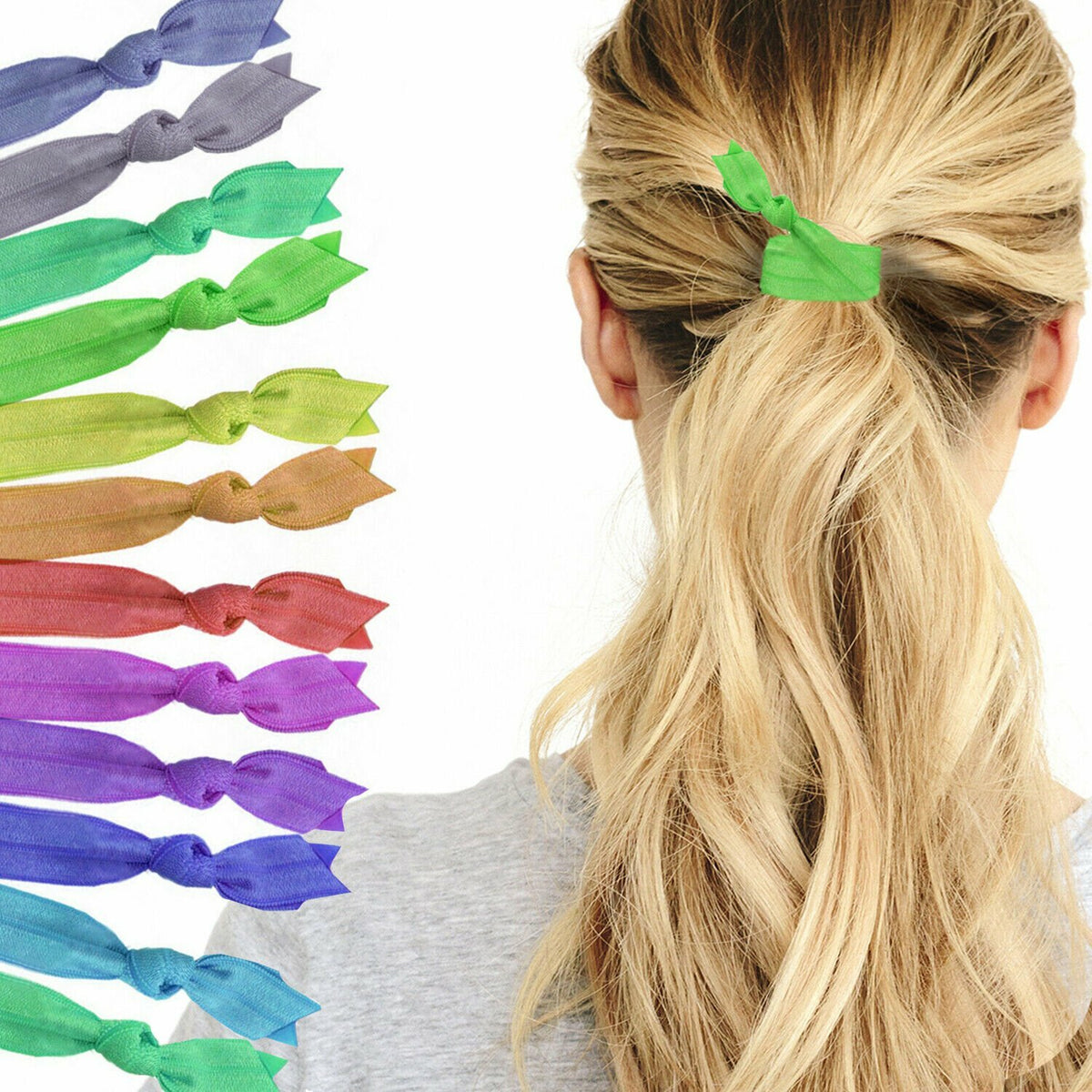 Rainbow No-Damage Ribbon Hair Bands (60 Ties)--Stretchy Elastic