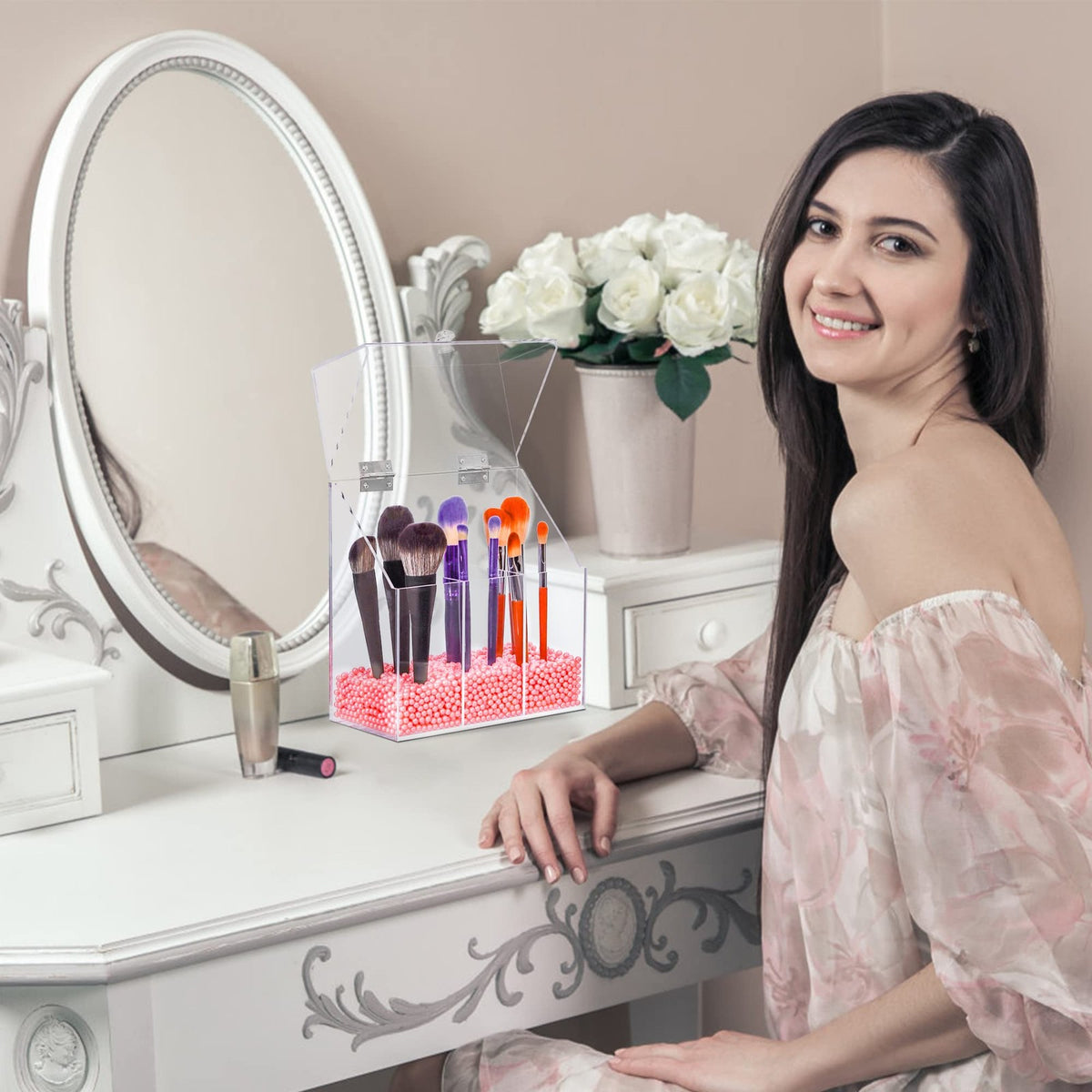 Clear Acrylic Makeup Brush Holder with Lid, Large Capacity Organizer for Vanity