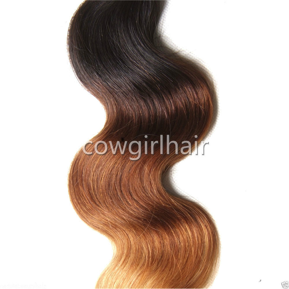100% Human Hair Weave: Ombre Body Wave 1 Bundle 14-20in (1B/4/27)