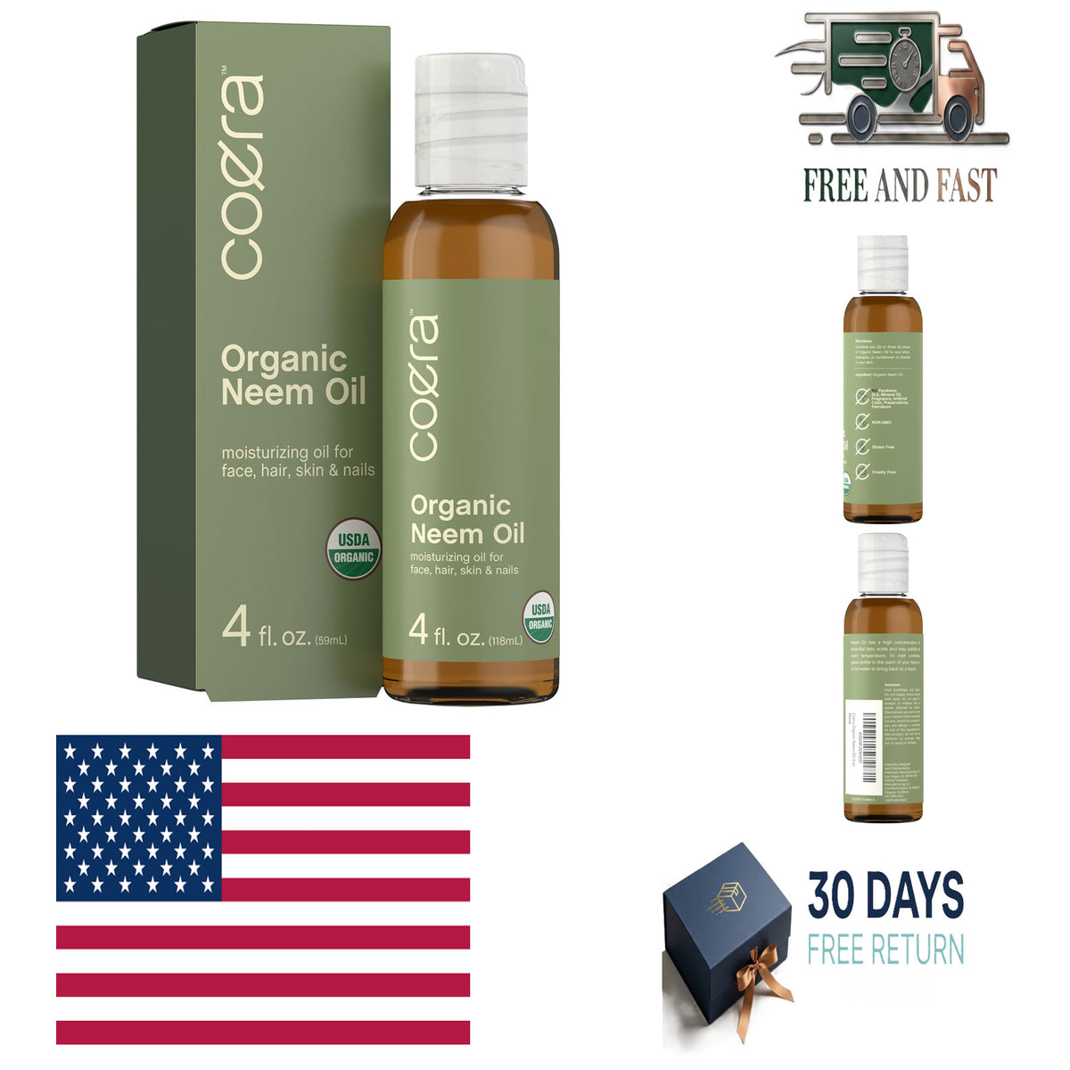 Organic Neem Oil for Skin Hair Nails 4 fl oz - Pure Natural Moisturizer
