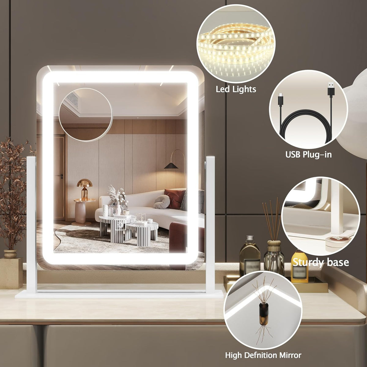15x13 Inch Lighted Makeup Vanity Mirror with Dimmable LED & 360° Rotation
