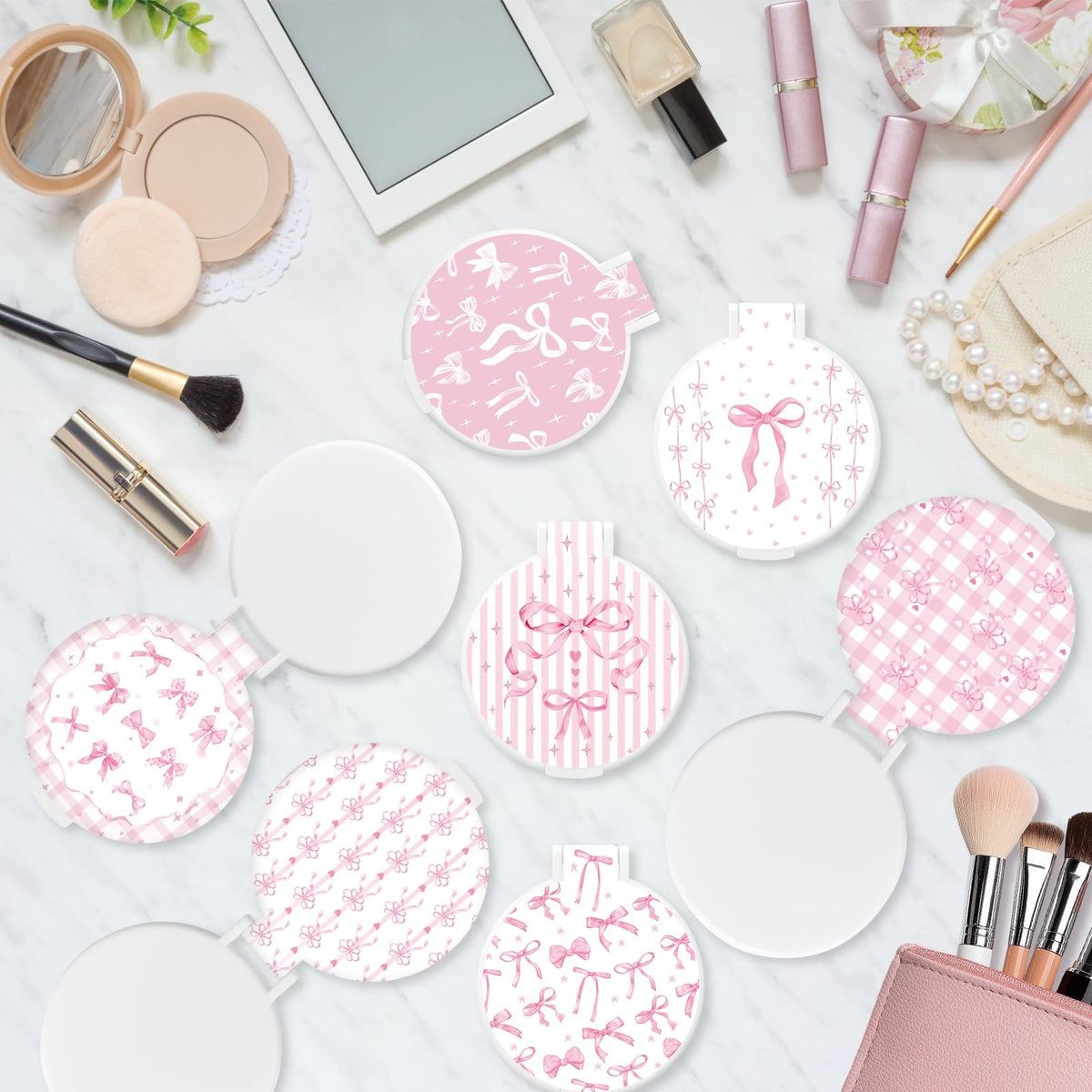 Pink Bow Compact Mirror Set - Small Portable Pocket Makeup Mirrors Bulk 50 pcs