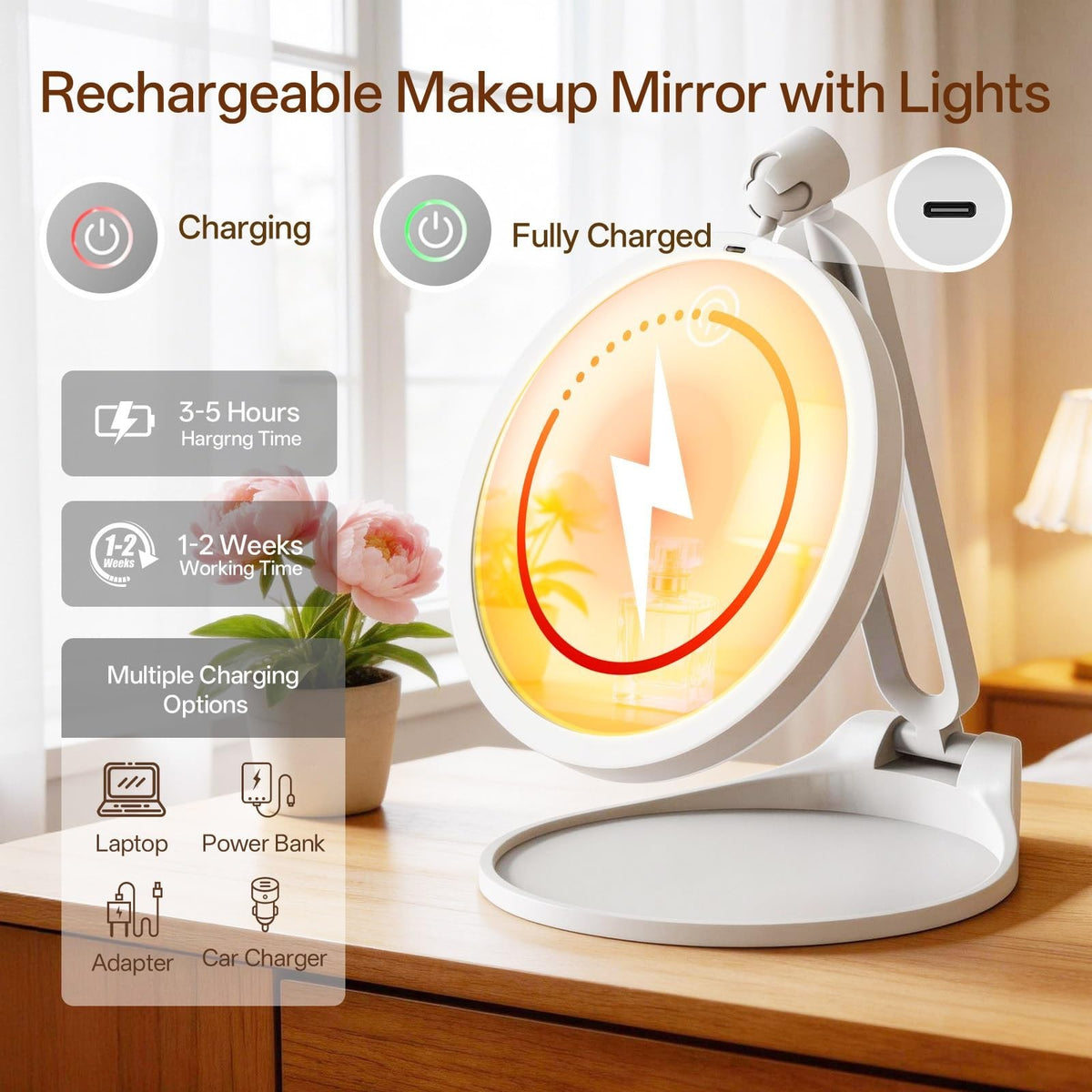 Travel Makeup Mirror with Lights 40X Magnification Dual-Sided Foldable & Dimmable