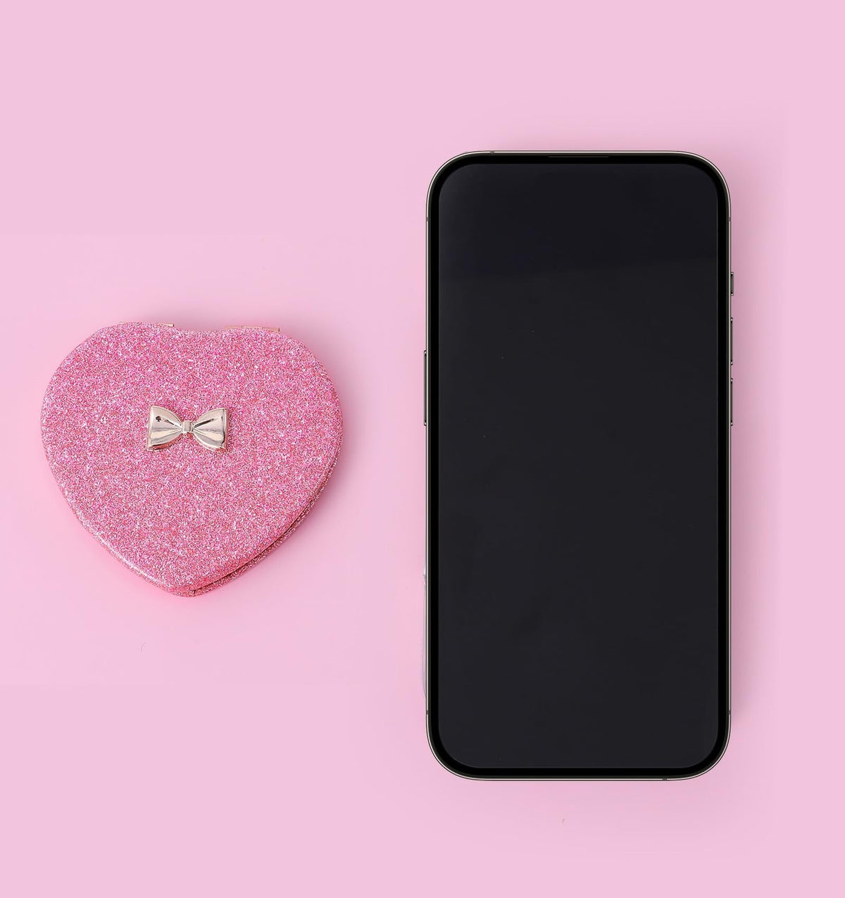 Pink Heart Compact Mirror with Magnifying - Double-Sided Folding Makeup Tool