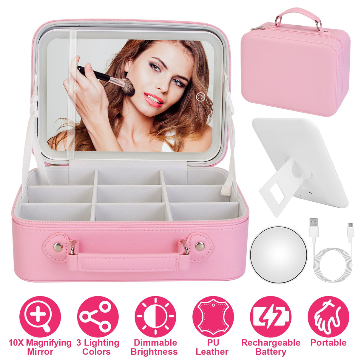 Pink Travel Makeup Bag with LED Lighted Mirror - 3 Brightness Settings