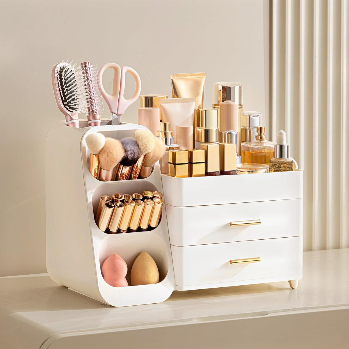Large Makeup Organizer with Brush Holder for Vanity and Bathroom Countertop Storage