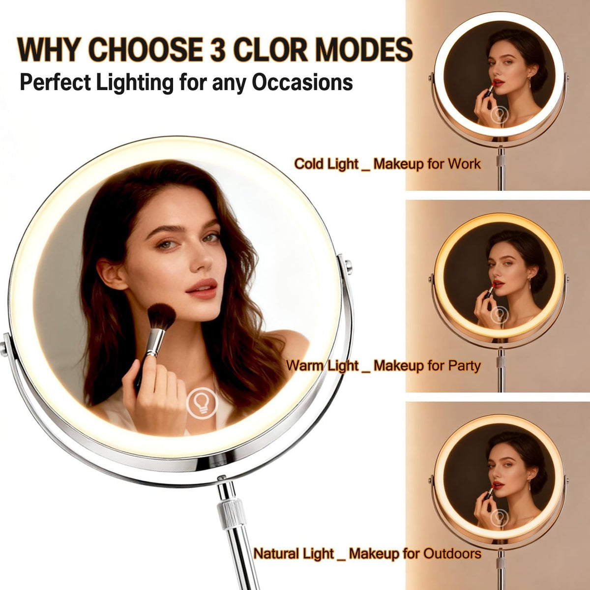 Makeup Mirror with Lights and 10X Magnification - Dimmable LED, Adjustable Height, 360° Rotation