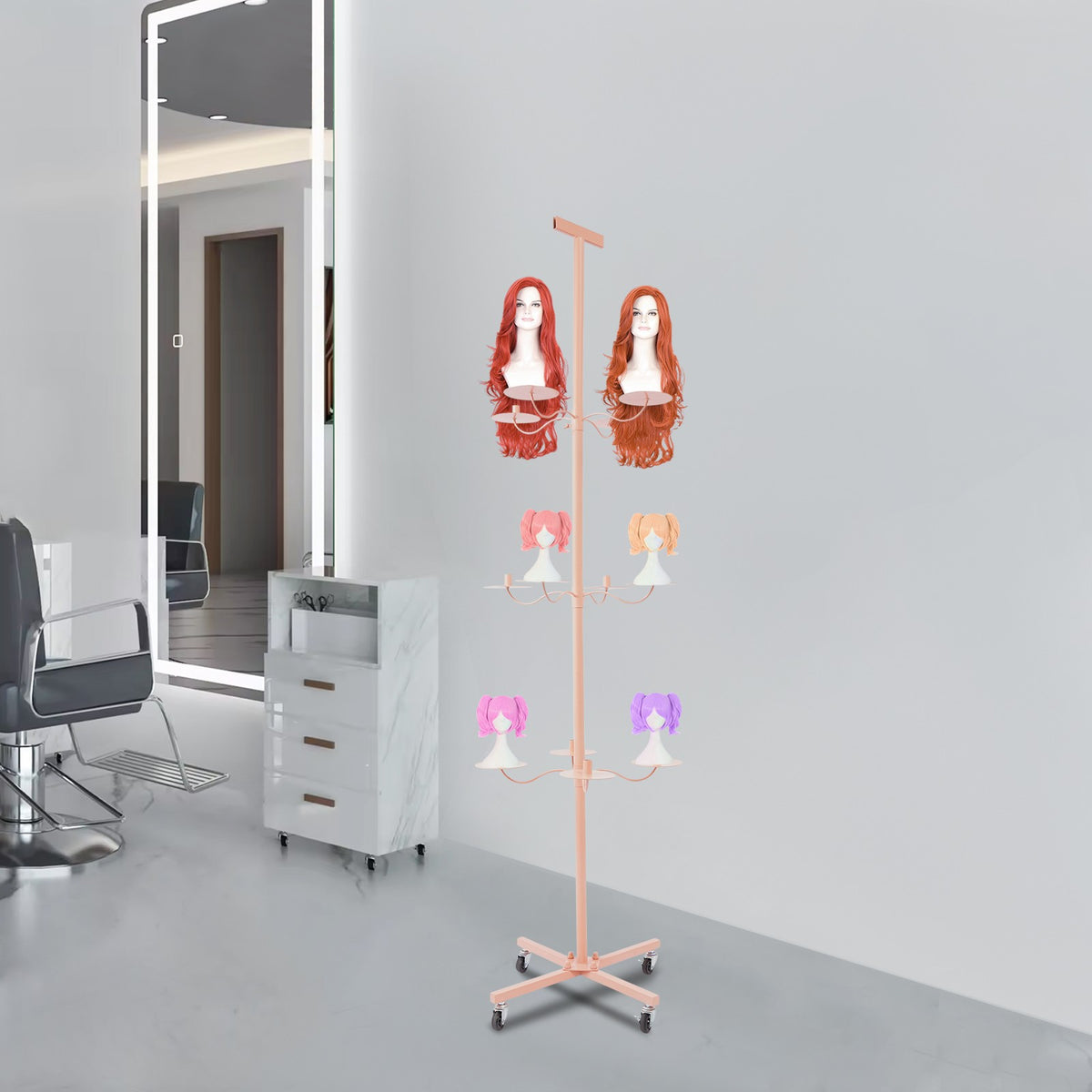 Pink 12-Head Heavy Duty Wig Stand Organizer with Rotating Tiers