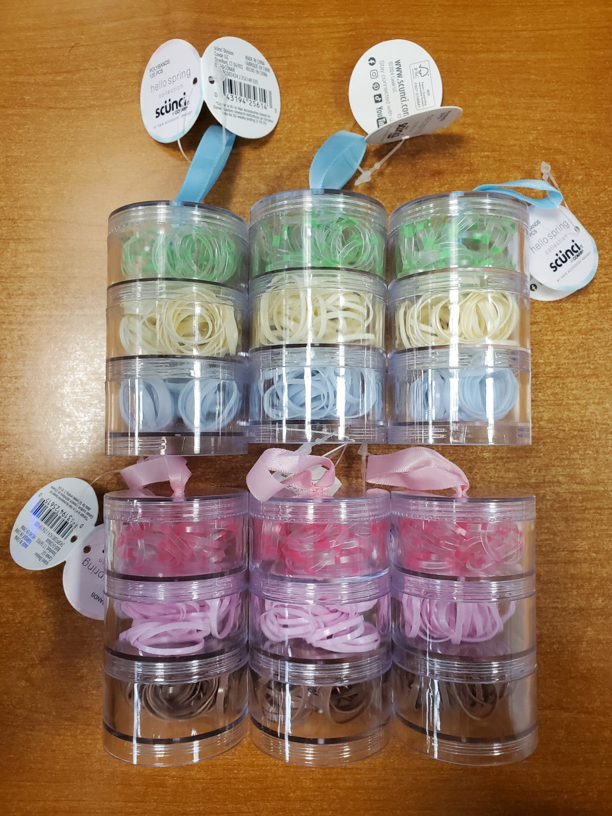 6 Tubes of 120: Scunci Poly Hair Bands Green/Blue & Pink/Brown