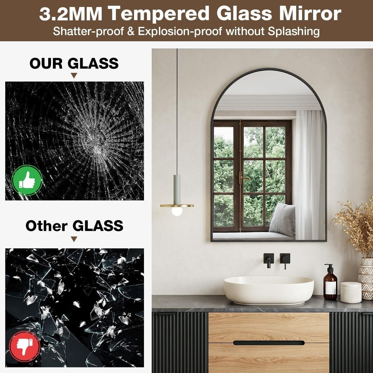 Arched 24x16 Bathroom Mirror with Black Aluminum Frame - Wall Mounted Vanity Mirror