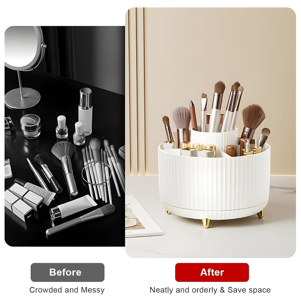 Rotating Makeup Brush Organizer Holder with 5 Compartments, White