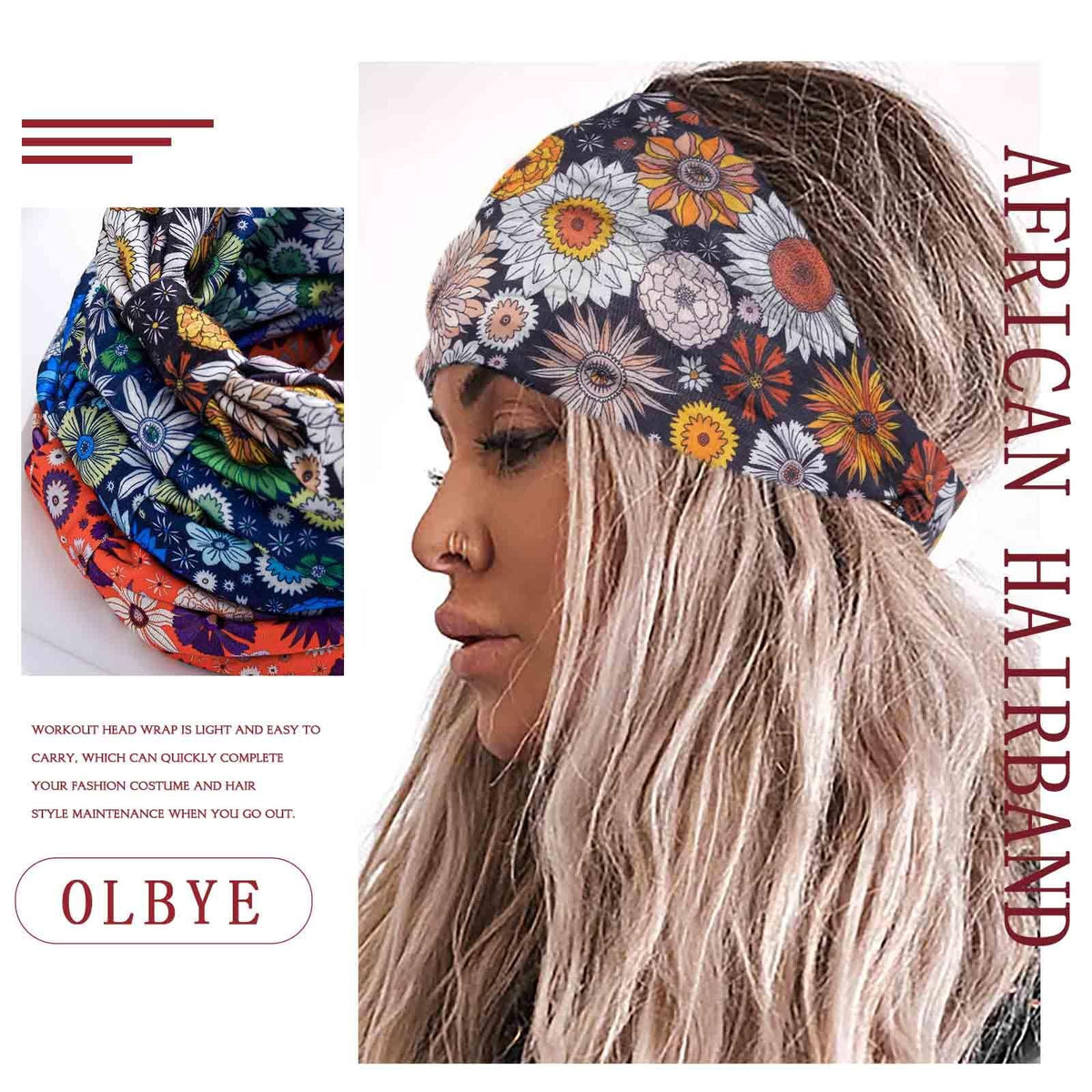 Wide Boho Headbands Floral Stretch Head 1 Count (Pack of 4),