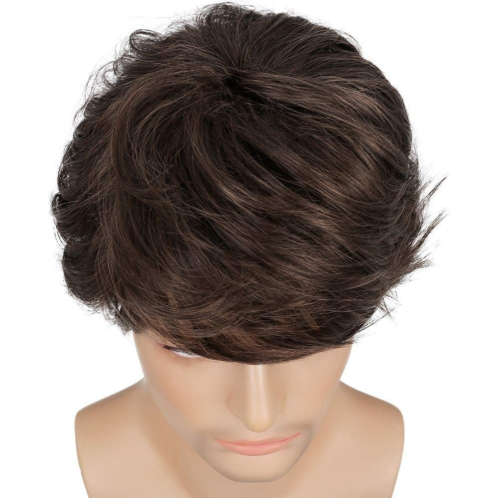 Mens Brown Short Layered Wavy Heat-Resistant Synthetic Wig for Cosplay & Casual