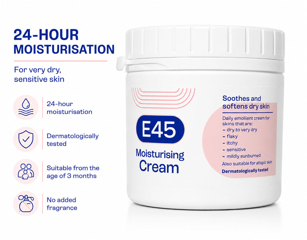 E45 Moisturising Cream 350g - Dry Skin Relief, Fragrance-Free 4 Pack