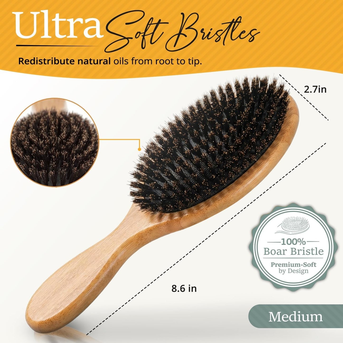 Boar Bristle Hair Brush Set for Fine Hair with Comb & Headband - Natural Shine & Frizz Control