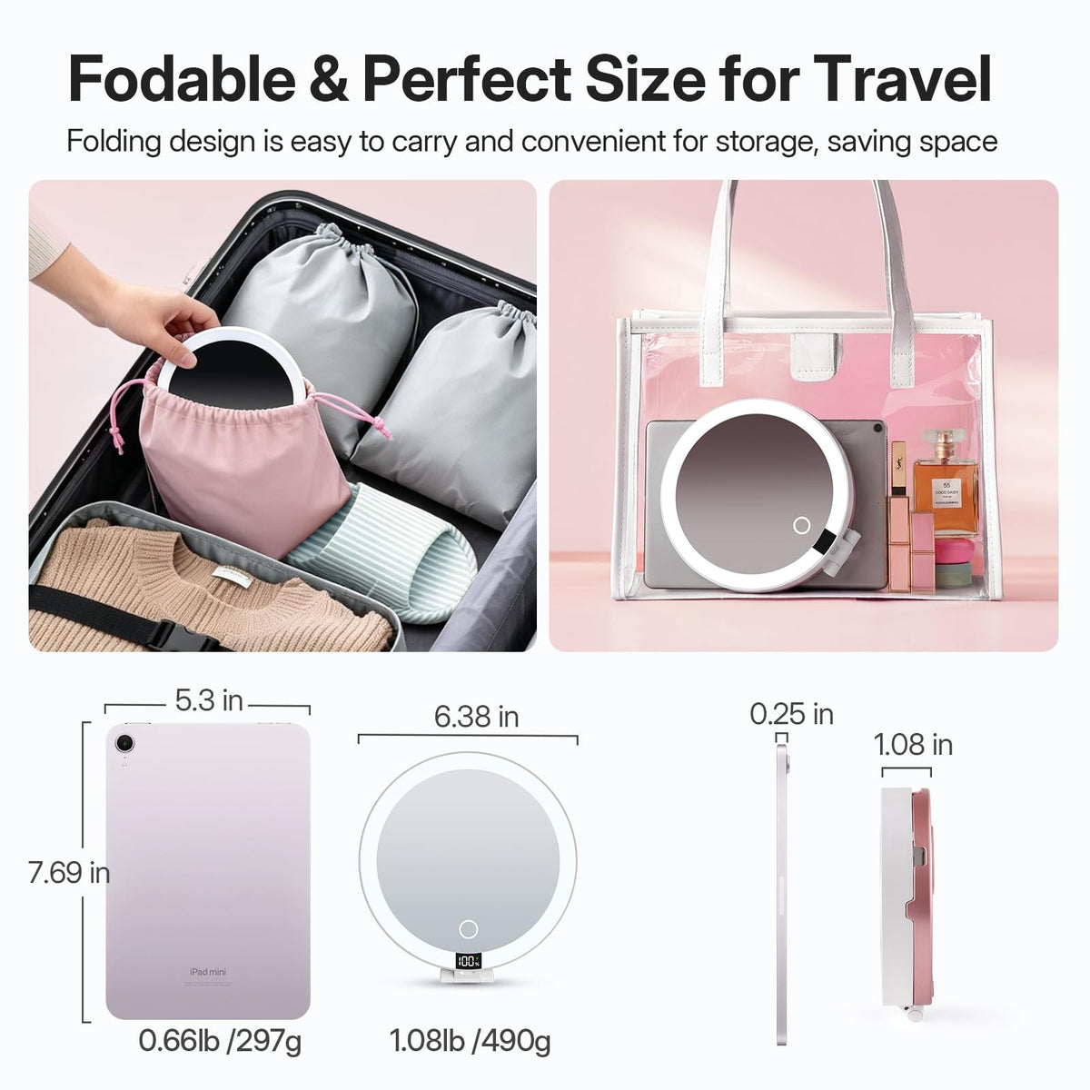 Lighted Travel Makeup Mirror with 10X/1X Magnification, Dimmable Touch, Rechargeable & Portable