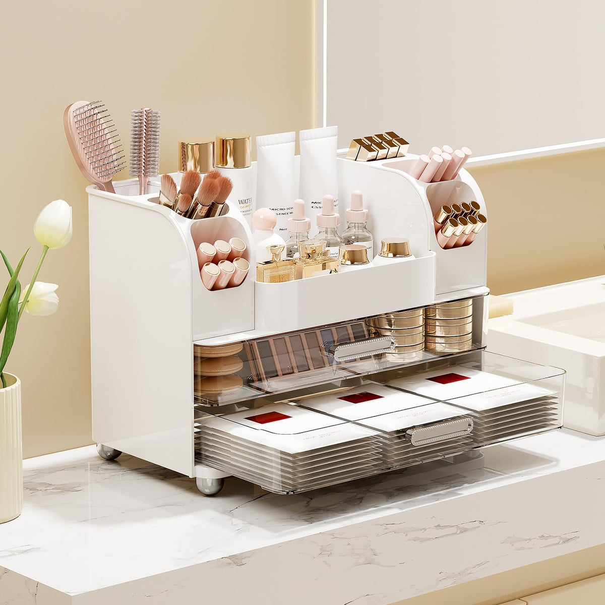 Makeup Organizer with 2 Large Drawers and Dual Brush Holders for Vanity & Bathroom