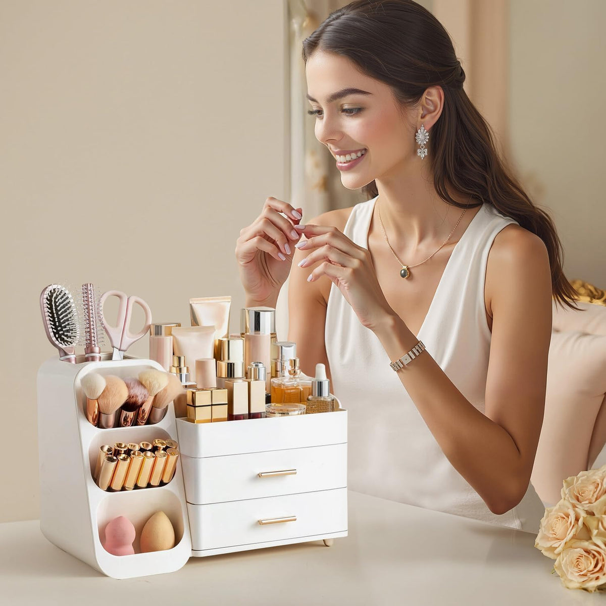 Large Makeup Organizer with Brush Holder for Vanity and Bathroom Countertop Storage