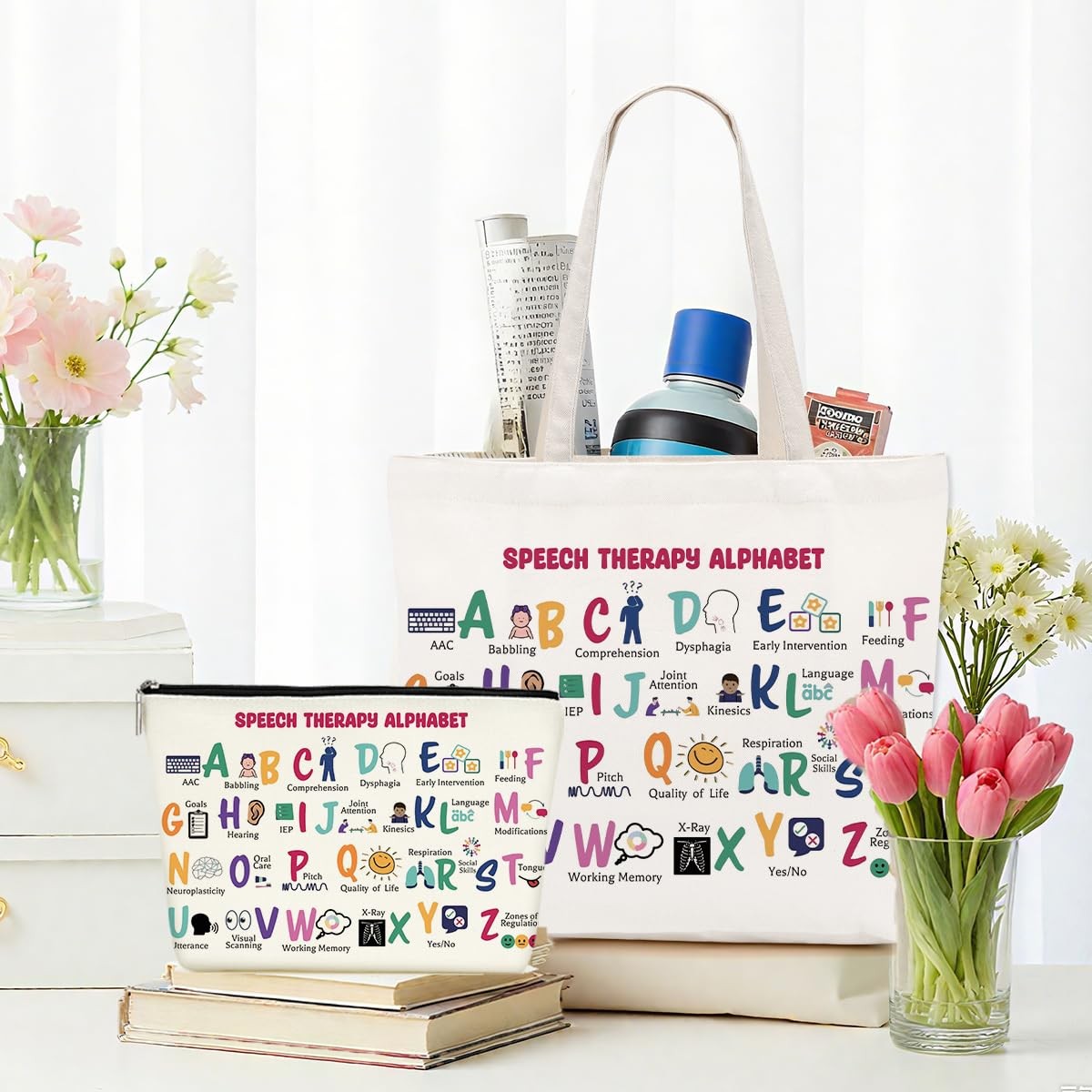 Cotton Tote Bag & Makeup Pouch Set - Large Travel & Casual Bag