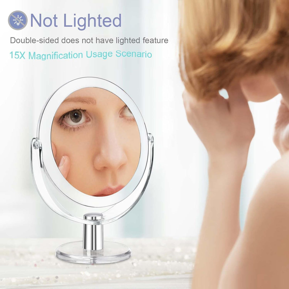 Double-Sided Makeup Mirror with 1X/15X Magnification and 360° Rotation - Stylish Vanity Mirror