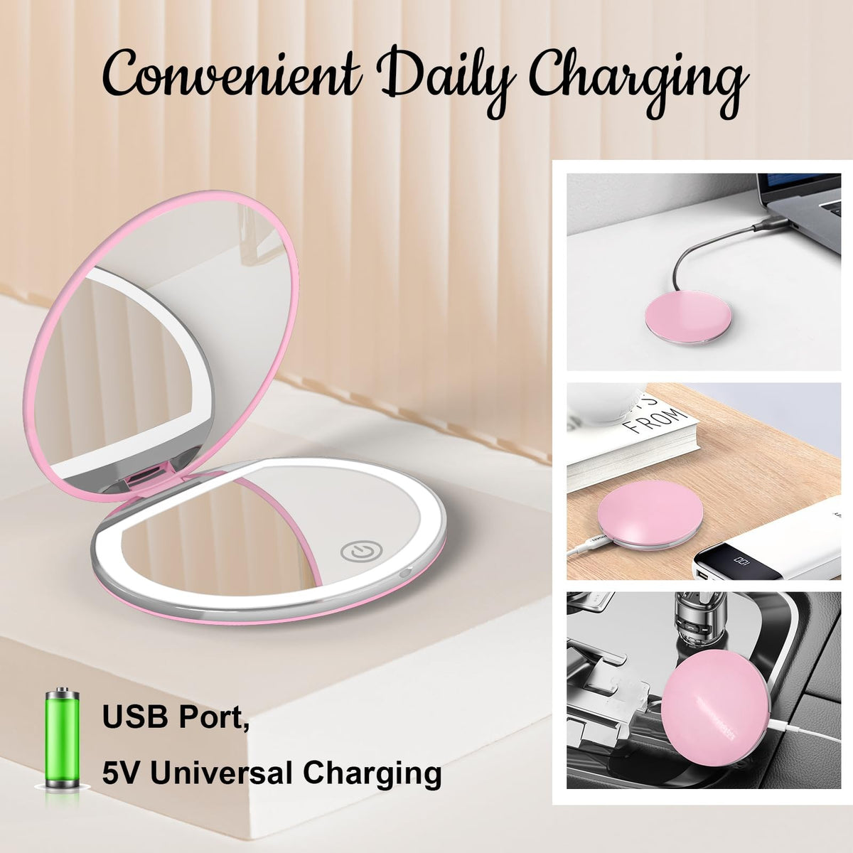 LED Lighted Compact Makeup Mirror with 1X/3X Magnification & USB Rechargeable